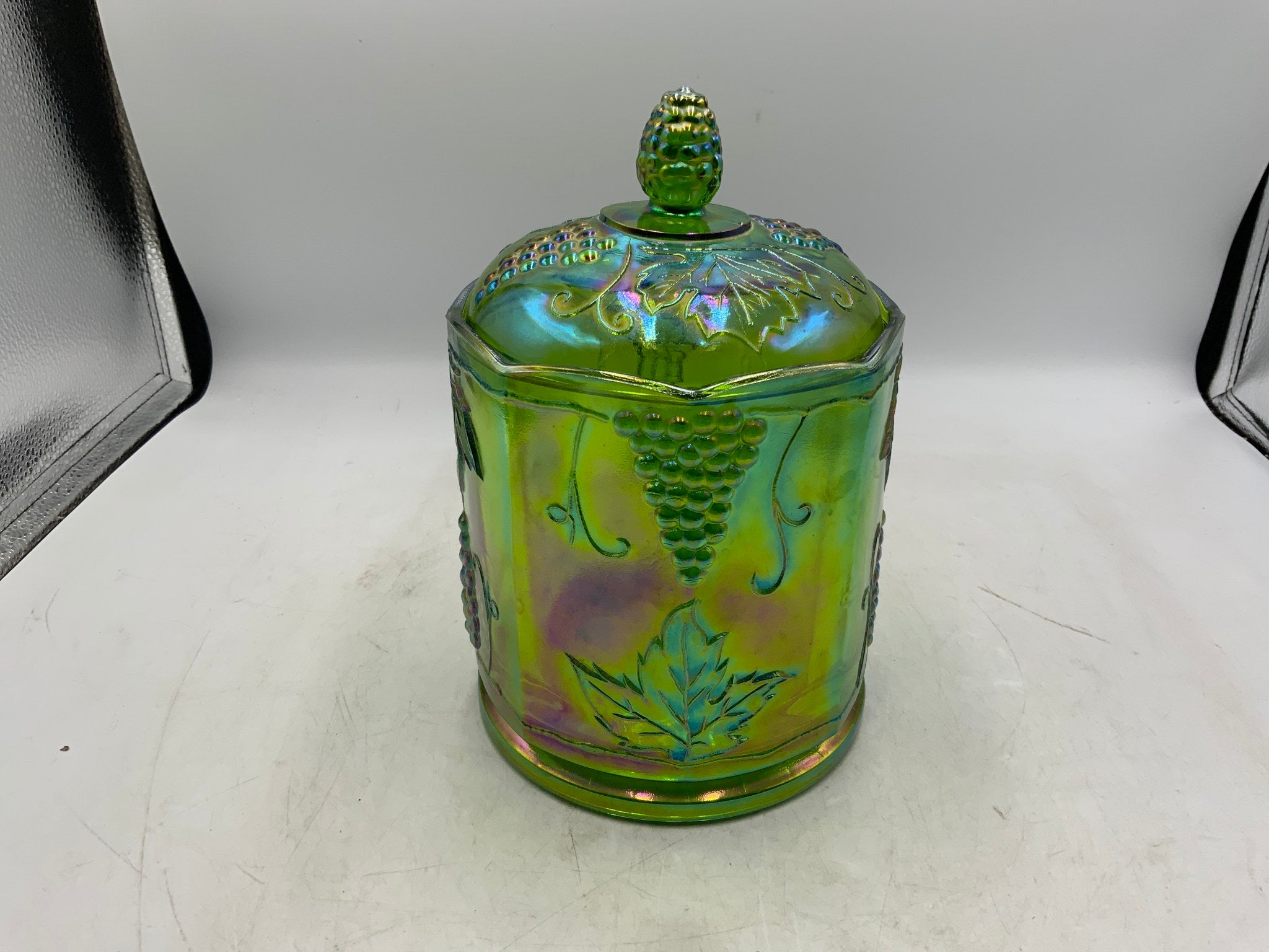 Green Carnival Glass Jar with Lid